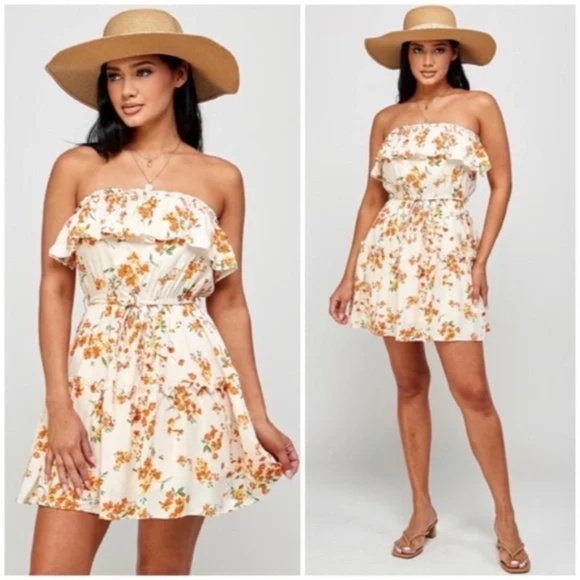 Cream Orange Floral Print Ruffle Trim Strapless Tube Casual Summer Mini Dress - Picture 2 of 6
